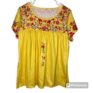 CHICYEA Yellow X-Large Womens Shirtsleeve Blouse Flower Boho Hippie
